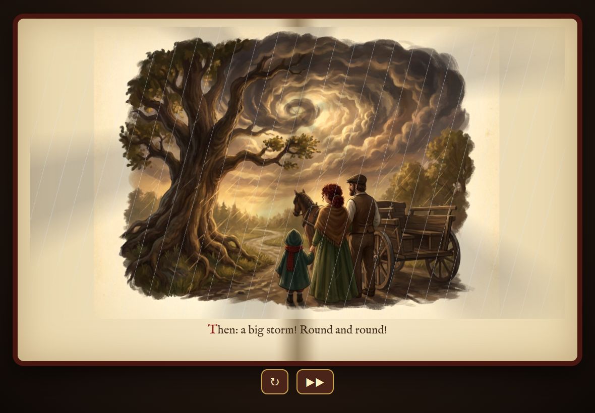 Painted storybook page: a family with a cart under a swirling storm