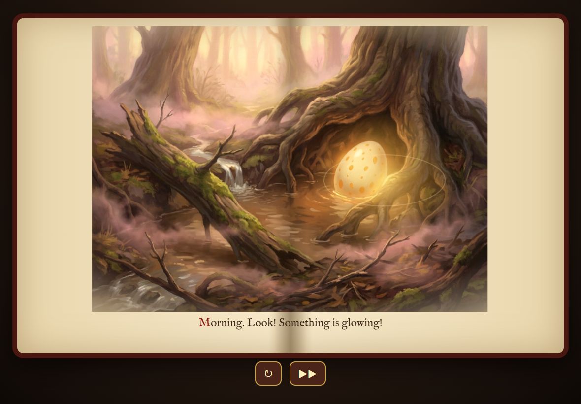 Painted storybook page: a glowing dragon egg hidden in a hollow tree