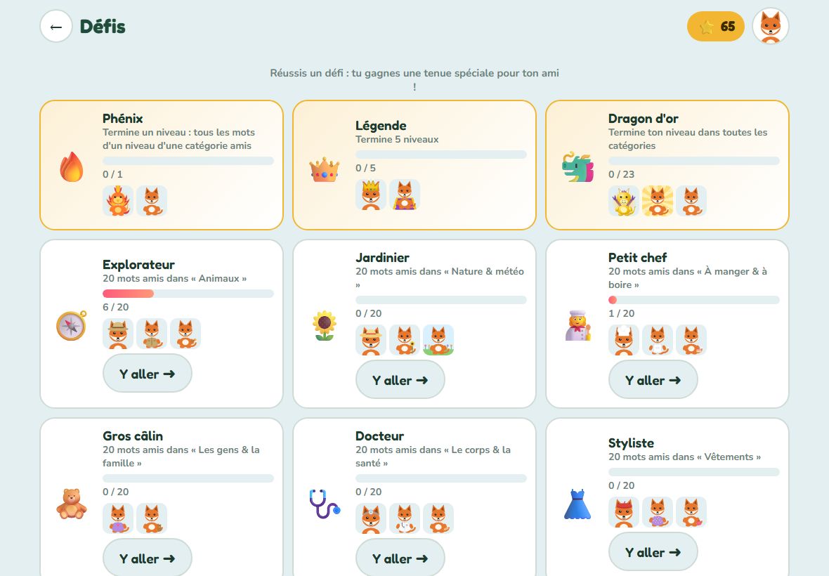 Challenges screen: Phoenix, Legend, Golden Dragon, Explorer, Gardener, Little Chef, each with outfits for the fox companion