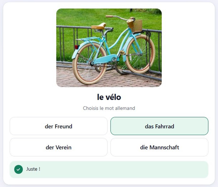 Vocab Coach practice: a bicycle, le vélo, with das Fahrrad picked correctly