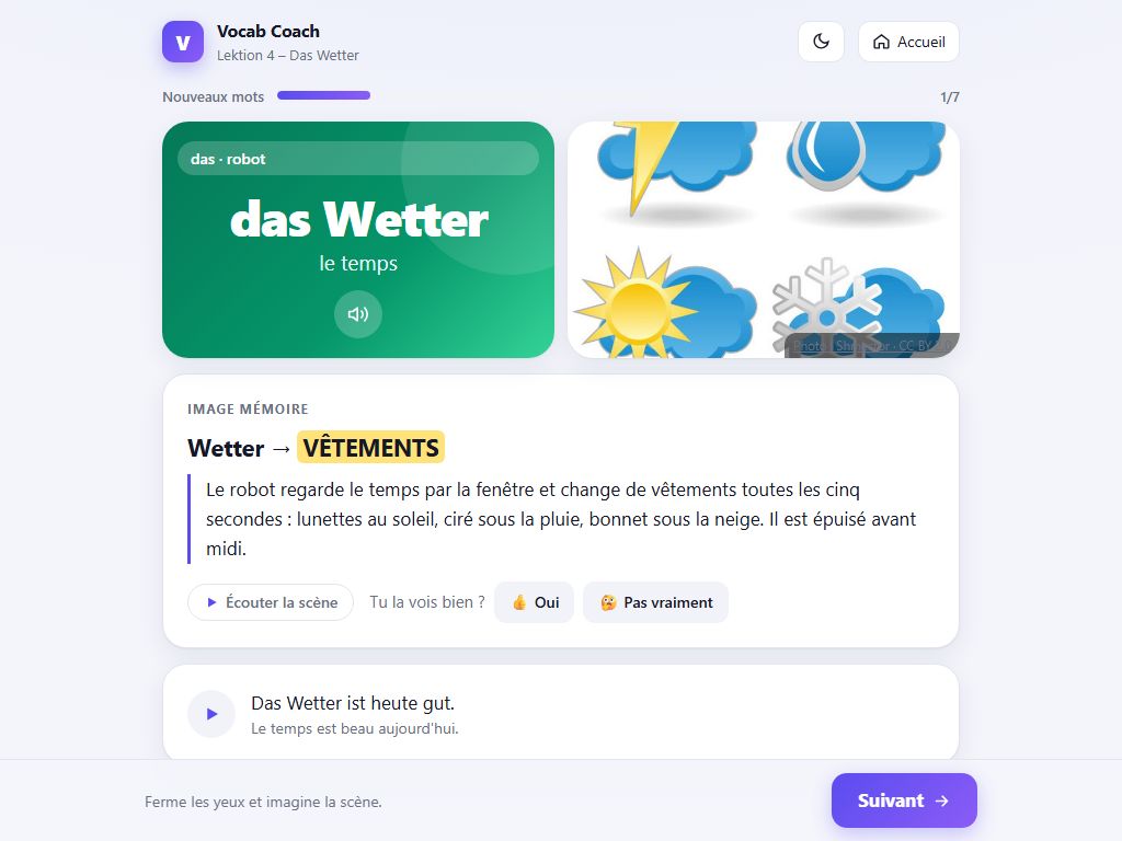 Vocab Coach word card: das Wetter, with pictures and a memory story