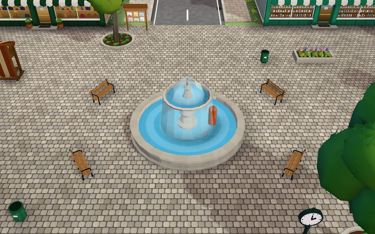 A 3D town square with a fountain, benches and shops